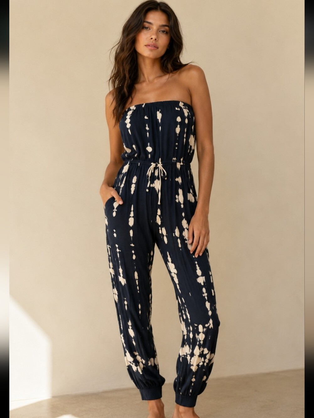 Young Fabulous  & Broke Strapless Navy Tie-Dye Jumpsuit Fabulous!